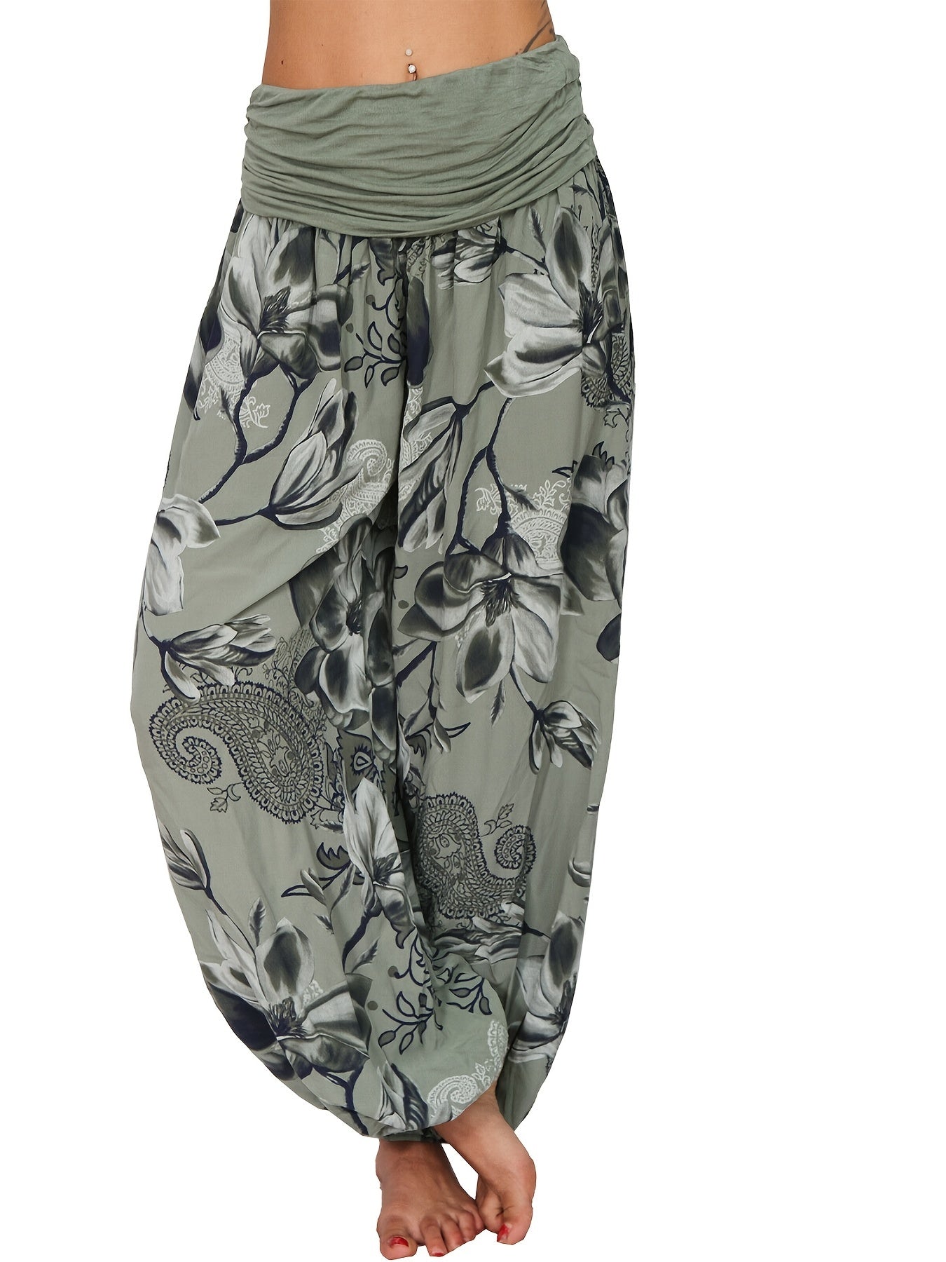 Boho Floral Print Ruched Harem Pants, Casual Bohemian Pants For Spring & Summer, Women's Clothing