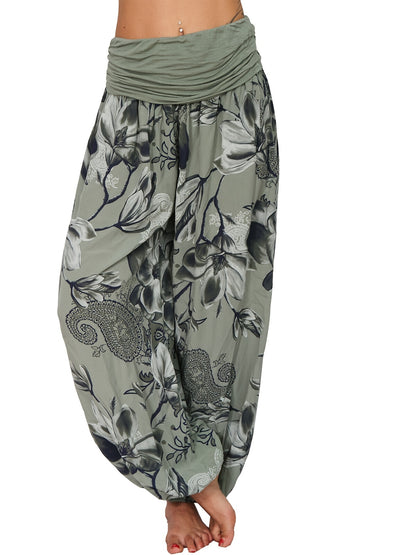 Boho Floral Print Ruched Harem Pants, Casual Bohemian Pants For Spring & Summer, Women's Clothing