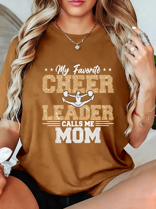 Women's Cheerleader Mom Slogan T-Shirt - "My Favorite LEADER Calls Me MOM" Short Sleeve Round Neck Top, Casual Brown Cheerleading Tee for Moms, Spring Summer Outfits, Dance Team Apparel & Gift Idea, Womens Tops And Blouses, T