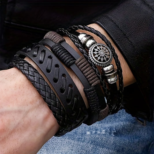 4Pcs/set Fashionable Vintage PU Leather Woven Bracelet Men Charm Bracelets, Father's Day Gift