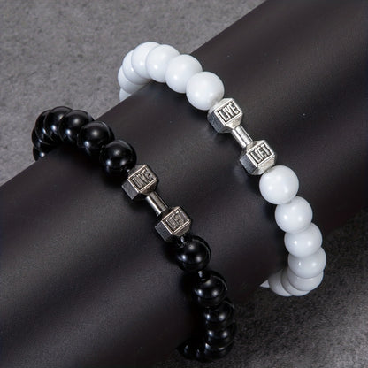 2pcs Men Dumbbell Decor Beaded Bracelets, Gift For Family And Friends, Holiday Birthday Gift For Boyfriends
