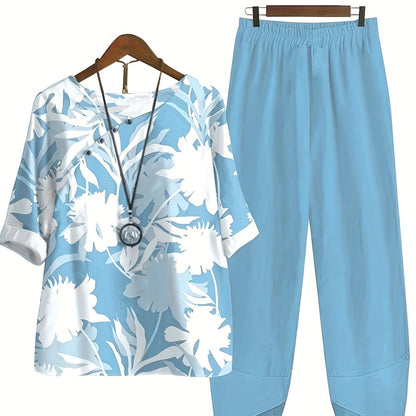 two-piece Women's Plant Print Top and Elastic Waist Pants Outfit - Comfortable and Stylish