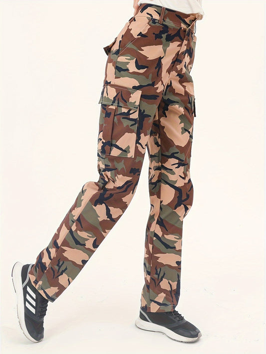 Camo Print Cargo Pants, Casual Long Length Versatile Pants With Pockets, Women's Clothing