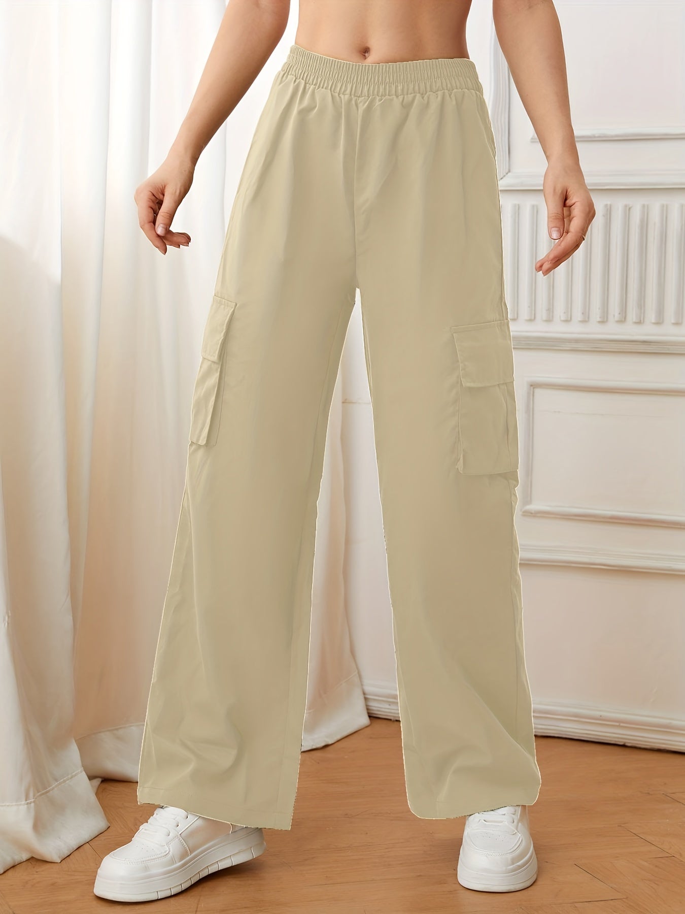 Flap Pockets Straight Leg Cargo Pants, Casual High Waist Pants, Women's Clothing