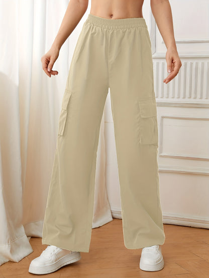 Flap Pockets Straight Leg Cargo Pants, Casual High Waist Pants, Women's Clothing