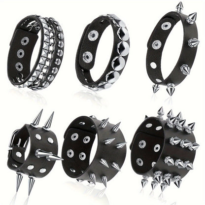 6pcs Punk Gothic Faux Leather Bracelets with Studded Spikes & Rivet Buckles - Adjustable Black Wristbands for Men, 80s Rock Style Party Accessories