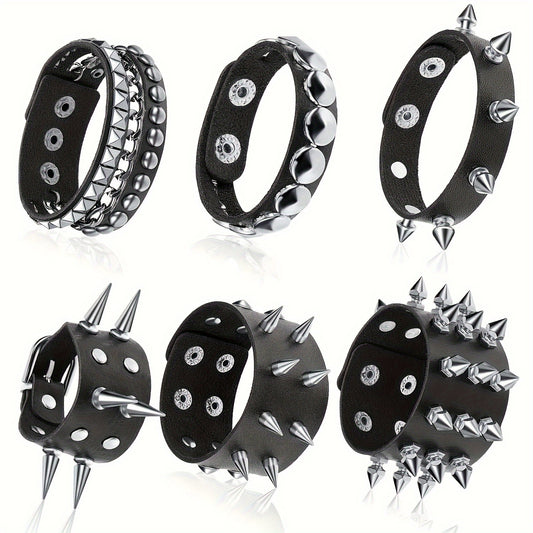 6pcs Punk Gothic Faux Leather Bracelets with Studded Spikes & Rivet Buckles - Adjustable Black Wristbands for Men, 80s Rock Style Party Accessories