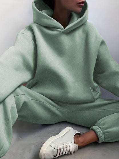 Two-Piece Hooded Set - Soft Polyester Knit Fabric, Drop Shoulder Long Sleeve Hoodie with Pocket, Elastic Waist Jogger Pants for Women, Casual Solid Color Outfit for Fall and Winter Seasons
