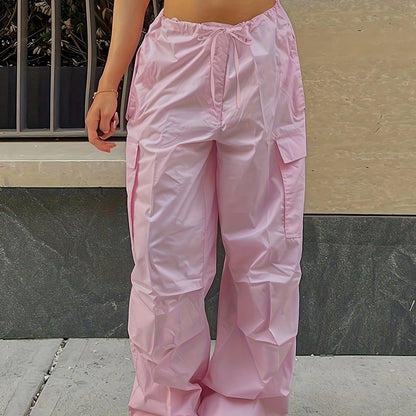 Y2K Loose Drawstring Cargo Pants, Casual Pocket High Waist Solid Wide Leg Fashion Comfy Pants, Women's Clothing