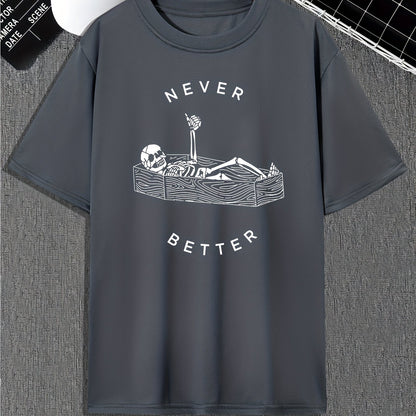 Funny Skeleton Print, Men's Graphic Design Crew Neck Active T-shirt, Casual Comfy Tees Tshirts For Summer, Men's Clothing Tops For Daily Gym Workout Running