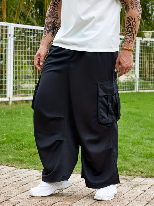 Plus Size Men's Flap Pocket Side Drawstring Waist Trousers, Solid Fashionable Long Pants Harem Pants Design