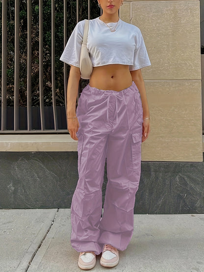 Y2K Loose Drawstring Cargo Pants, Casual Pocket High Waist Solid Wide Leg Fashion Comfy Pants, Women's Clothing