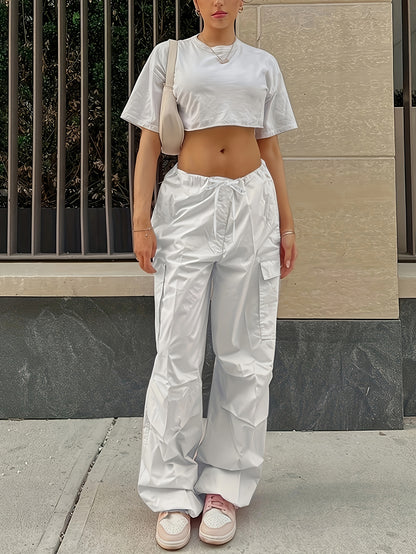 Y2K Loose Drawstring Cargo Pants, Casual Pocket High Waist Solid Wide Leg Fashion Comfy Pants, Women's Clothing