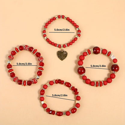 4pcs Heart Charm Beaded Bracelets - Unique Gift for Family, Friends, Boyfriends, Girlfriends, Perfect for Holiday, Birthday, Anniversary, and Romantic Occasions