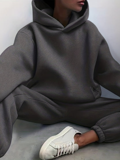 Two-Piece Hooded Set - Soft Polyester Knit Fabric, Drop Shoulder Long Sleeve Hoodie with Pocket, Elastic Waist Jogger Pants for Women, Casual Solid Color Outfit for Fall and Winter Seasons