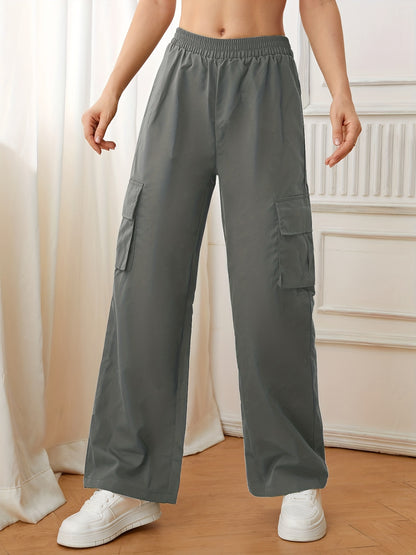 Flap Pockets Straight Leg Cargo Pants, Casual High Waist Pants, Women's Clothing