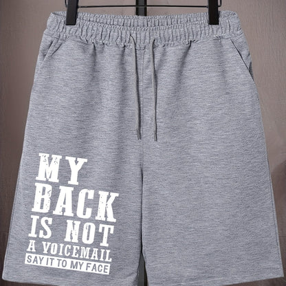 Men's Plus Size Drawstring Shorts - "MY BACK IS NOT A VOICEMAIL" Print, Oversized Black Sports Pants for Big and Tall, Elastic Waistband, Polyester, Casual Style for Spring/Summer, PLUS SIZE