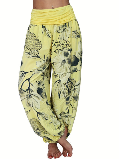 Boho Floral Print Ruched Harem Pants, Casual Bohemian Pants For Spring & Summer, Women's Clothing
