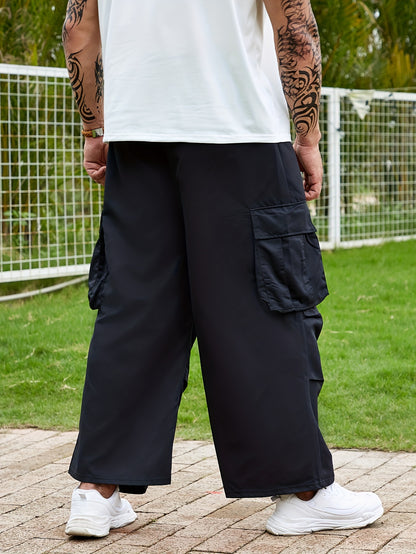 Plus Size Men's Flap Pocket Side Drawstring Waist Trousers, Solid Fashionable Long Pants Harem Pants Design