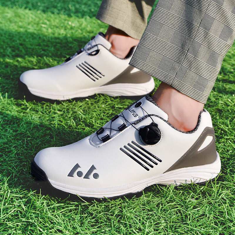 LEFUS Men's High Quality Golf Shoes with Non-Slip Rubber Sole & Swivel Button Closure - All-Weather All-Season Sneakers, Cushioned Insole, White & Black/Gray Athletic Footwear with Traction Tread - Ideal for Golf, Casual & Sp