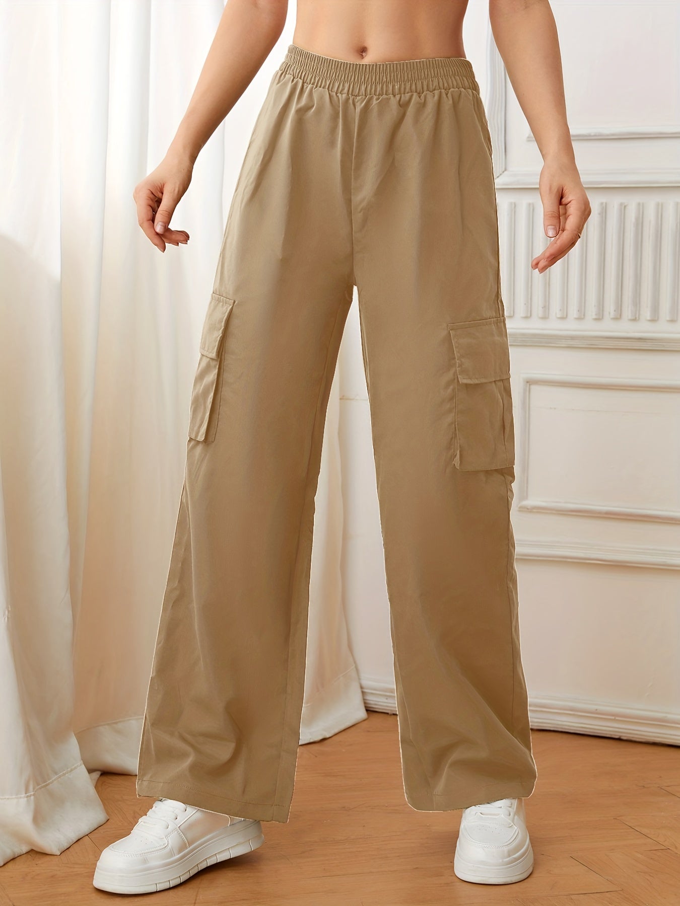 Flap Pockets Straight Leg Cargo Pants, Casual High Waist Pants, Women's Clothing