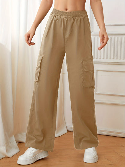 Flap Pockets Straight Leg Cargo Pants, Casual High Waist Pants, Women's Clothing
