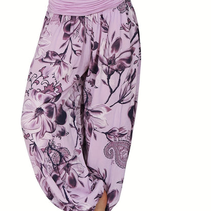 Boho Floral Print Ruched Harem Pants, Casual Bohemian Pants For Spring & Summer, Women's Clothing