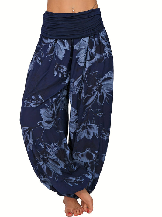 Boho Floral Print Ruched Harem Pants, Casual Bohemian Pants For Spring & Summer, Women's Clothing
