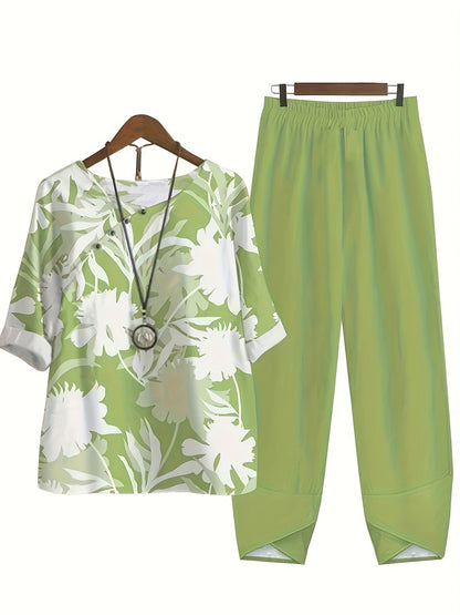 two-piece Women's Plant Print Top and Elastic Waist Pants Outfit - Comfortable and Stylish