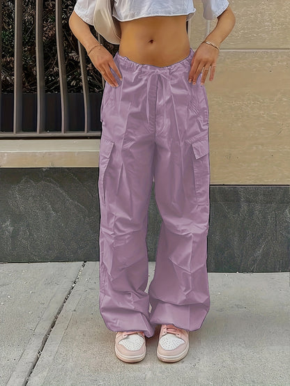 Y2K Loose Drawstring Cargo Pants, Casual Pocket High Waist Solid Wide Leg Fashion Comfy Pants, Women's Clothing