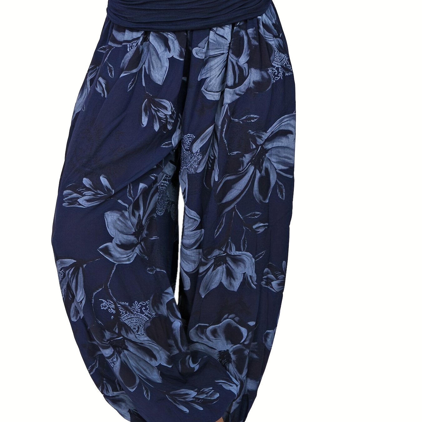 Boho Floral Print Ruched Harem Pants, Casual Bohemian Pants For Spring & Summer, Women's Clothing