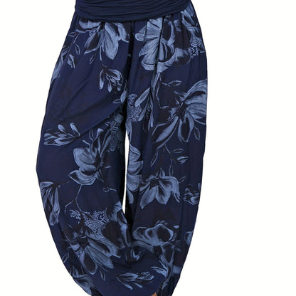 Boho Floral Print Ruched Harem Pants, Casual Bohemian Pants For Spring & Summer, Women's Clothing