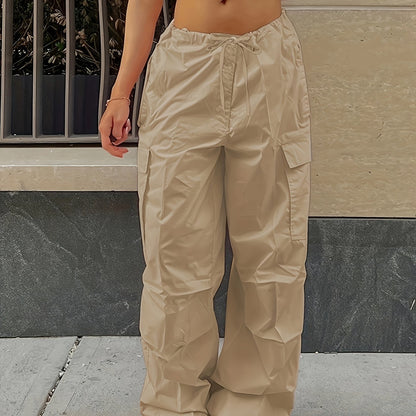 Y2K Loose Drawstring Cargo Pants, Casual Pocket High Waist Solid Wide Leg Fashion Comfy Pants, Women's Clothing