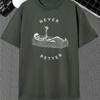 Funny Skeleton Print, Men's Graphic Design Crew Neck Active T-shirt, Casual Comfy Tees Tshirts For Summer, Men's Clothing Tops For Daily Gym Workout Running