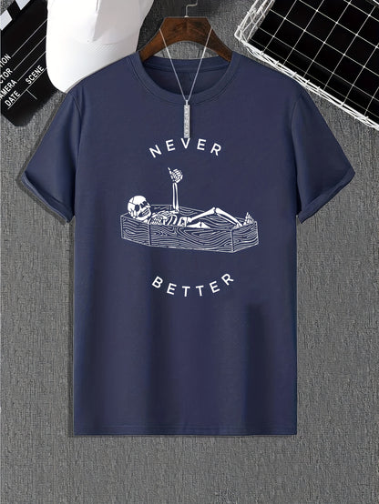 Funny Skeleton Print, Men's Graphic Design Crew Neck Active T-shirt, Casual Comfy Tees Tshirts For Summer, Men's Clothing Tops For Daily Gym Workout Running