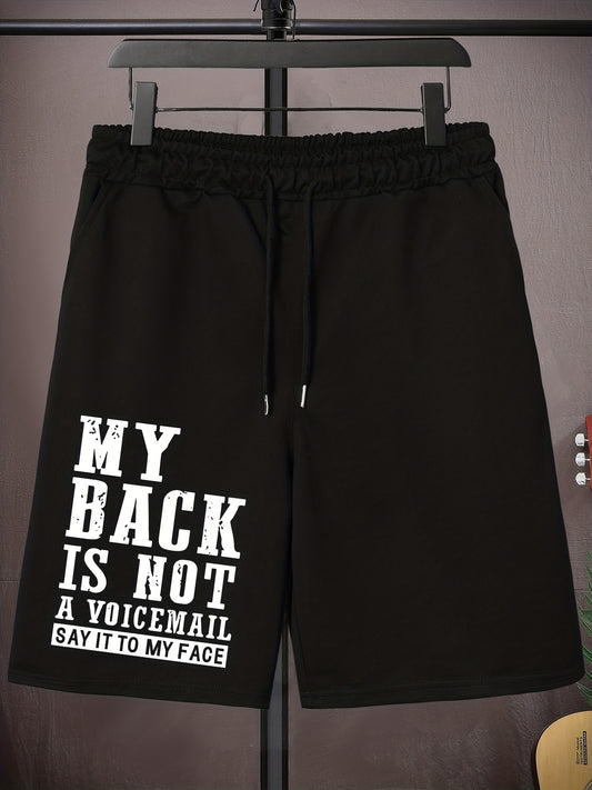 Men's Plus Size Drawstring Shorts - "MY BACK IS NOT A VOICEMAIL" Print, Oversized Black Sports Pants for Big and Tall, Elastic Waistband, Polyester, Casual Style for Spring/Summer, PLUS SIZE