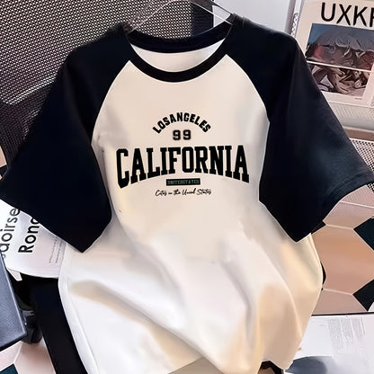 Girls' Summer Short Sleeve T-Shirt - Black & White Contrast Raglan Sleeves with Los Angeles California Graphic Print, Loose Fit Casual Top for Teens & Youngsters, Breathable Knit Fabric, Machine Washable, Girls Tshirts, Teen
