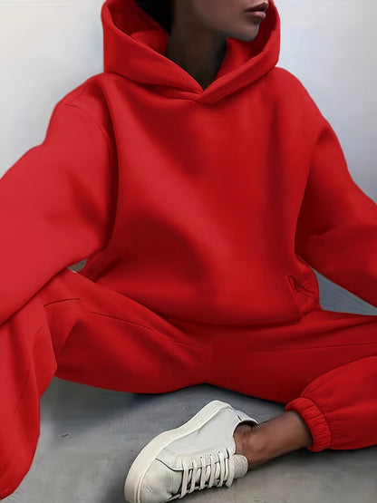 Two-Piece Hooded Set - Soft Polyester Knit Fabric, Drop Shoulder Long Sleeve Hoodie with Pocket, Elastic Waist Jogger Pants for Women, Casual Solid Color Outfit for Fall and Winter Seasons