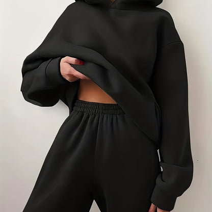 Casual Solid Two-piece Set, Kangaroo Pocket Hoodie & Elastic Waist Pants Outfits, Women's Clothing