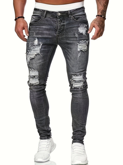 Mid Stretch Slim Fit Ripped Cotton Jeans, Men's Casual Street Style Distressed Denim Pants For Spring Summer